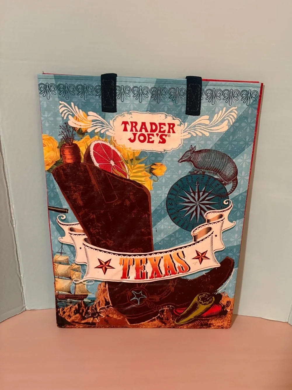 NWT Trader Joe’s Texas Reusable Shopping Tote Bag Armadillo Cowboy Boots Grocery